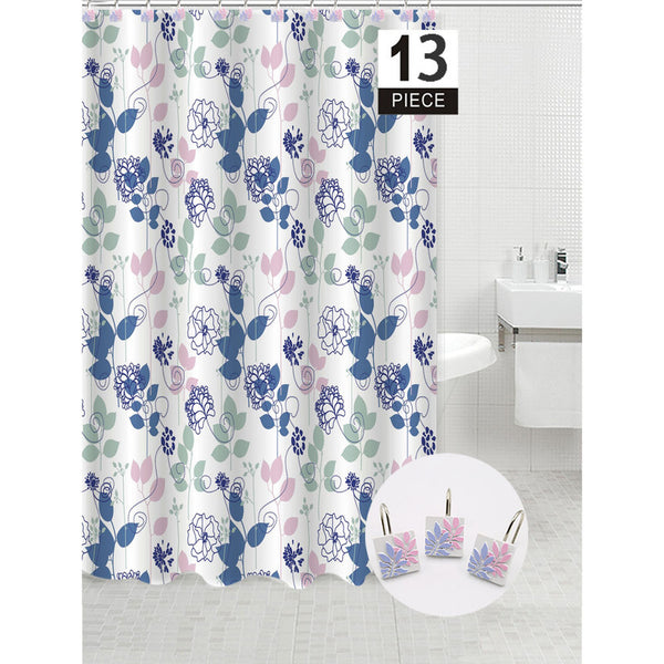 Peva Shower Curtain With 12 Polyresin Hooks (Blue Floral)