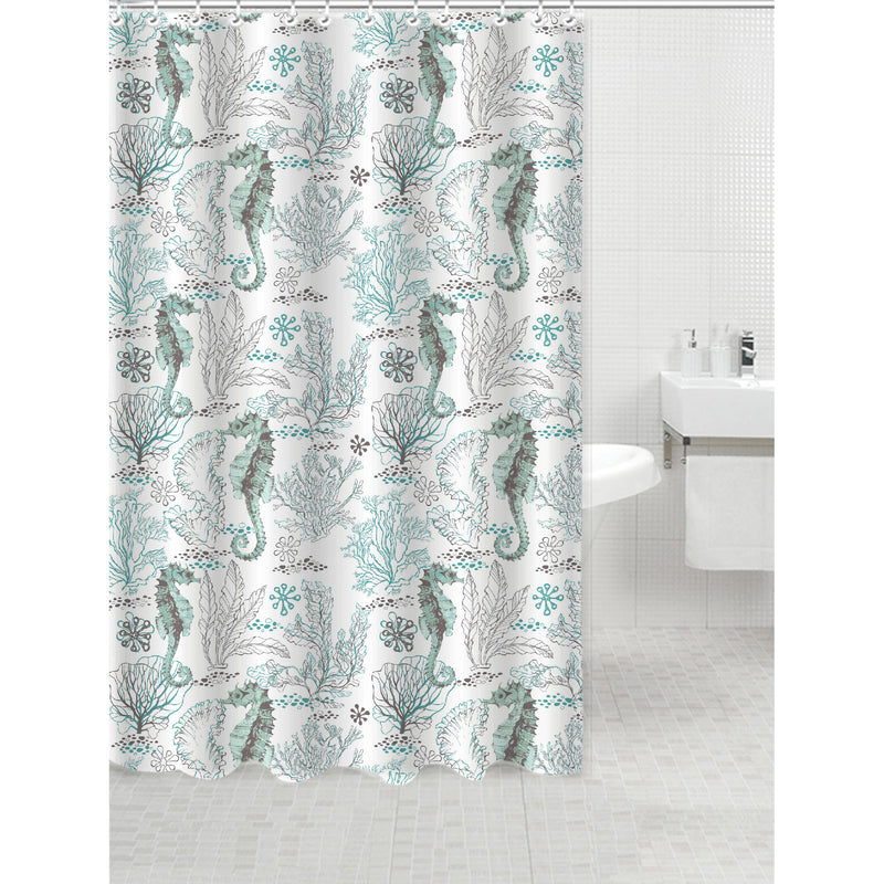 Printed Canvas Shower Curtain With Roller Hooks (Seahorse)