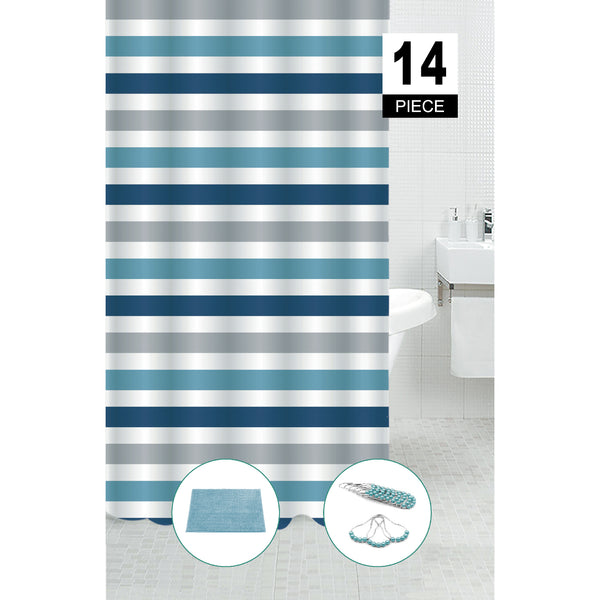 14Pc Set Peva S. Curtain + 12 Hooks + Bathmat Navy Striped