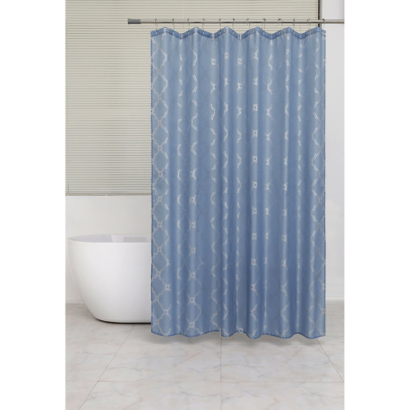Polyester Silver Foil Trellis Printed Shower Curtain (Blue)