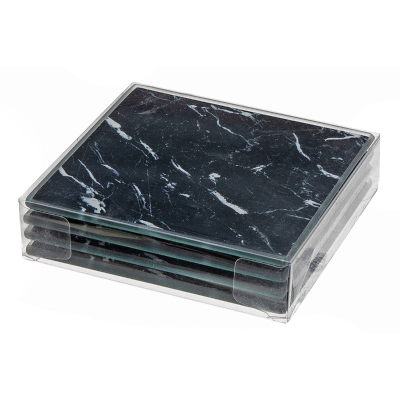 4 Pc Square Glass Coasters (Black Marble)