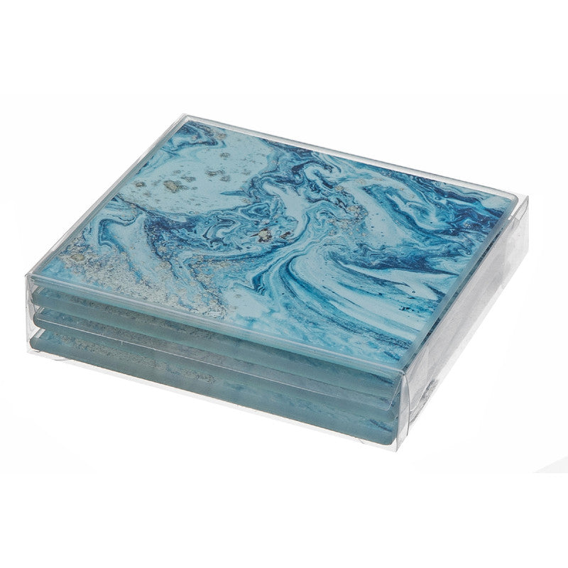 4 Pc Square Glass Coasters (Teal Marble)