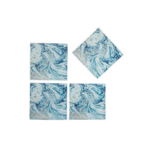 4 Pc Square Glass Coasters (Teal Marble)