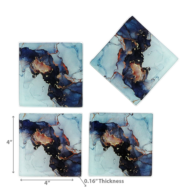 4 Pc Square Glass Coasters Marbling Black & Gold