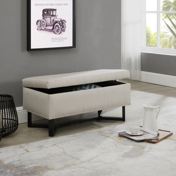 Emerson Fabric Studded Double Bench Ottoman (Beige)