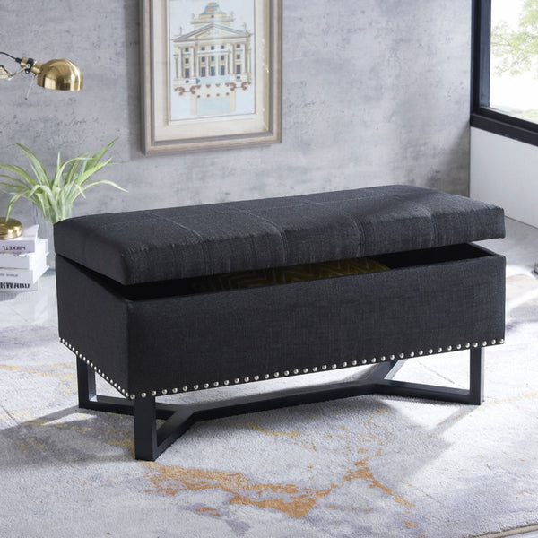 Emerson Fabric Studded Double Bench Ottoman (Black)
