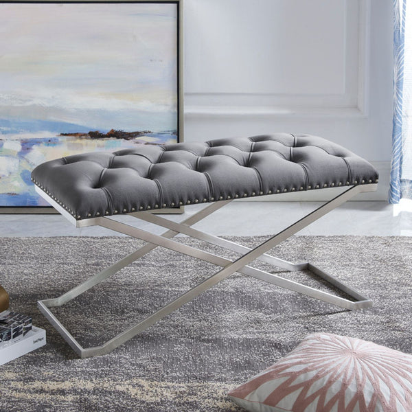 Imperial Tufted Double Bench With Silver X Base (Gray)