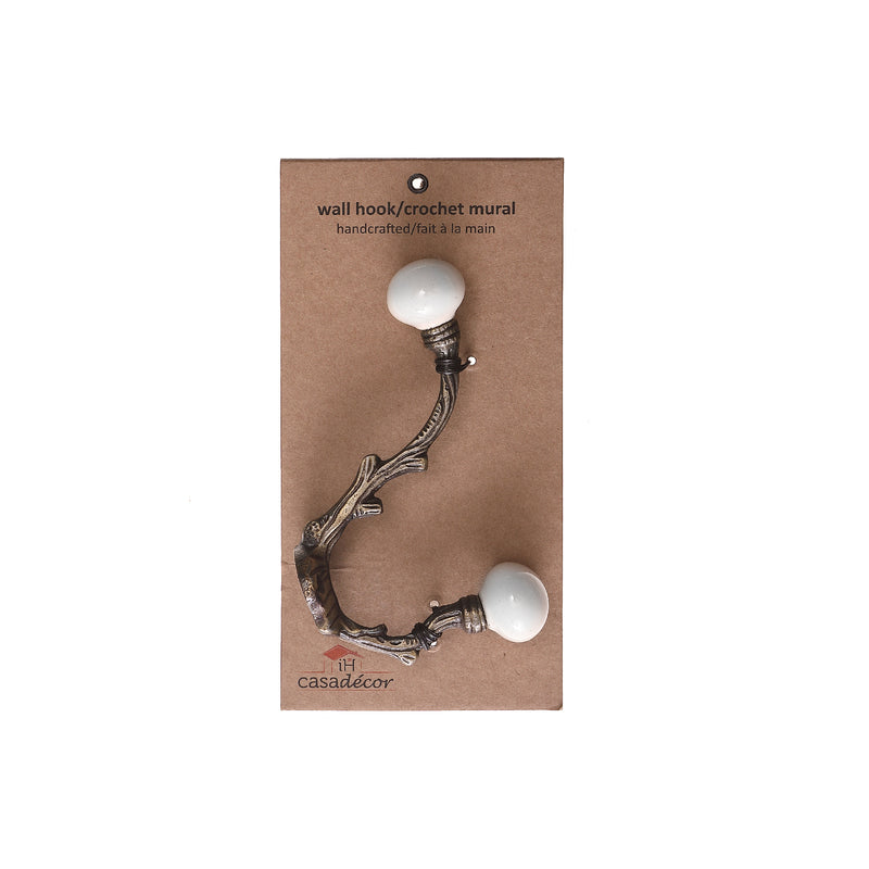 Iron French Hook With Ceramic Ivory Knob (Antique Brass) - Set of 4