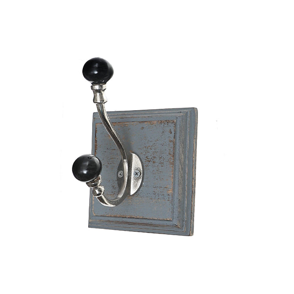 Antique Nickel Hook With Black Knob On Wood Base (Gray-Wash) - Set of 2