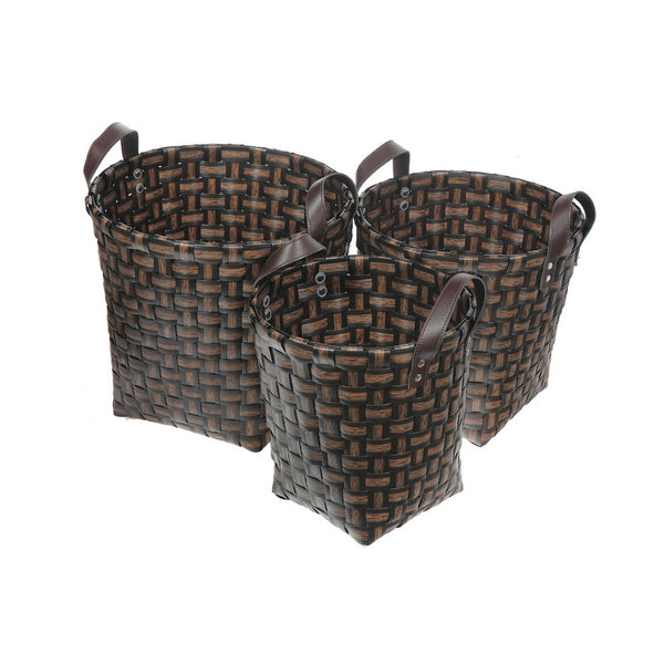 3Pc Round Nesting Basketweave Hamper With Handle (Chocolate)