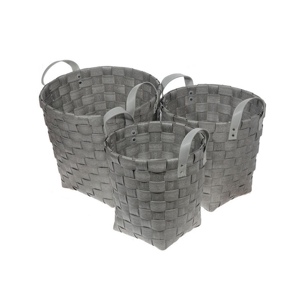3Pc Round Nesting Basketweave Hamper With Handle (Gray)