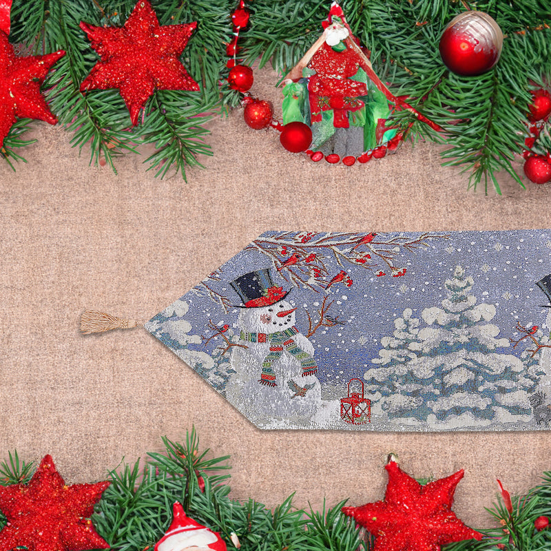 Christmas Tapestry Table Runner Black Top Hat Snowman 36"