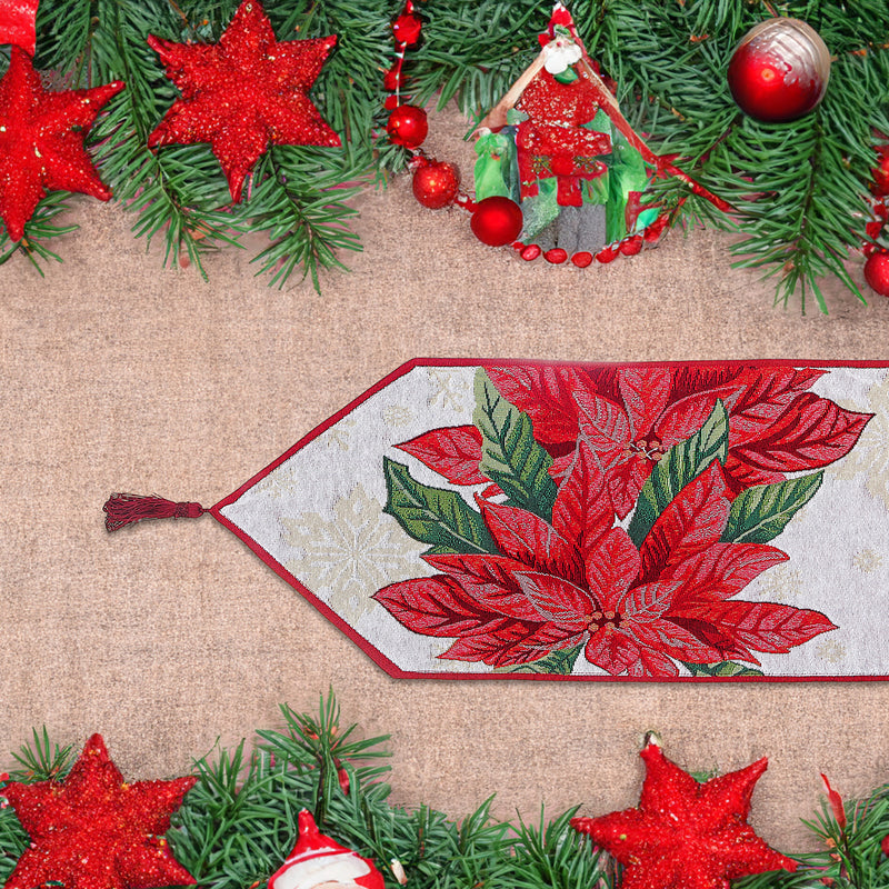 Christmas Tapestry Table Runner Poinsettia Plaid 36"