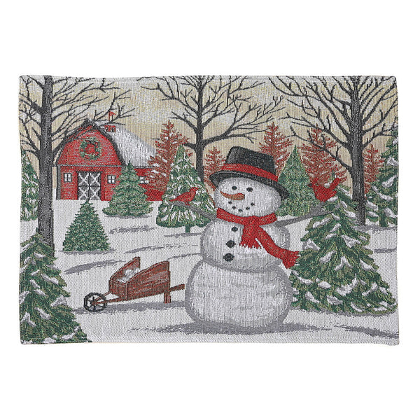 Tapestry Table Runner (Red Barn Snowman) (54")
