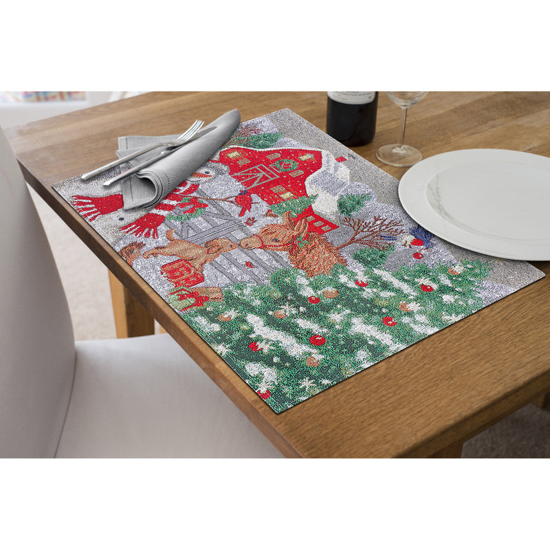 Christmas Tapestry Placemat Snowman With Barn 13X18 - Set of 12