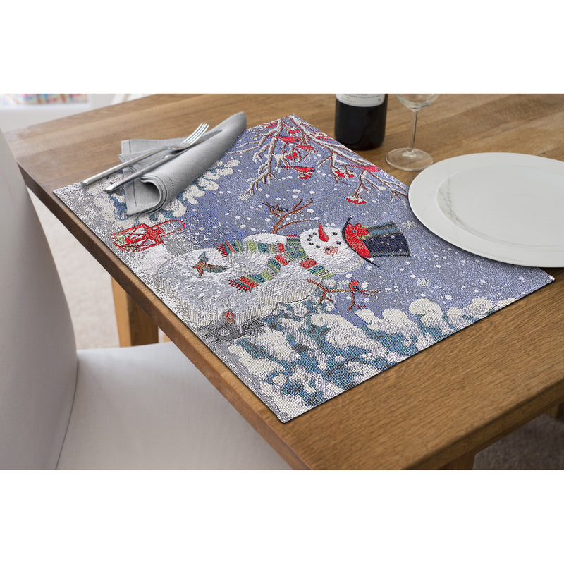 Christmas Tapestry Placemat Black Top Hat Snowman 13X18 - Set of 12
