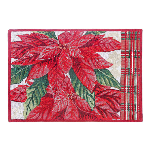 Christmas Tapestry Placemat Poinsettia Plaid 13X18 - Set of 12