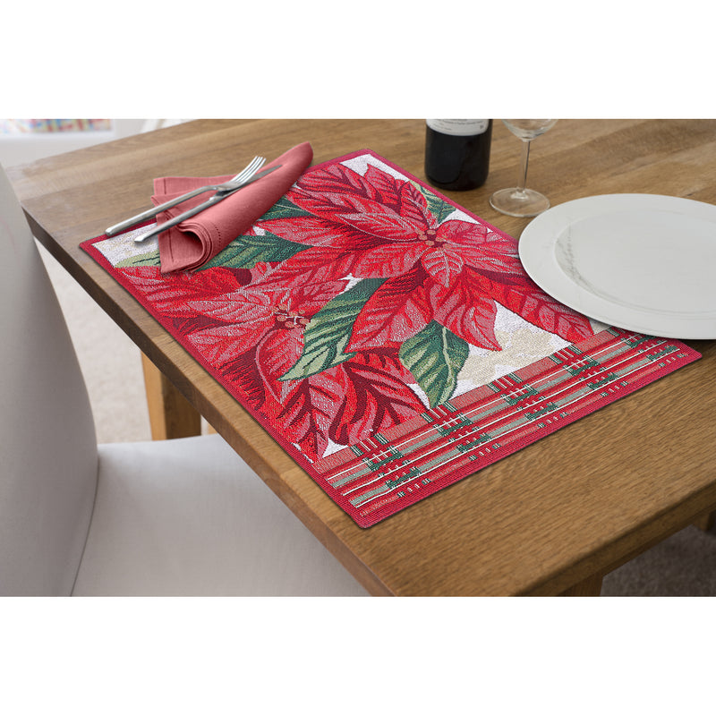 Christmas Tapestry Placemat Poinsettia Plaid 13X18 - Set of 12
