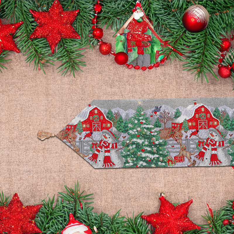 Christmas Tapestry Table Runner Snowman With Barn 54"
