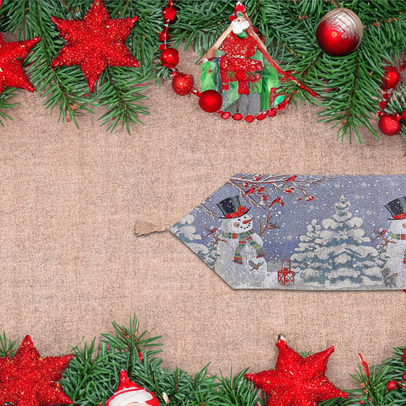 Christmas Tapestry Table Runner Black Top Hat Snowman 54"