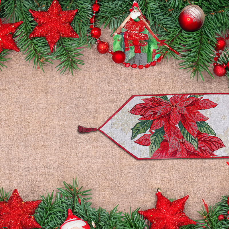 Christmas Tapestry Table Runner Poinsettia Plaid 54"