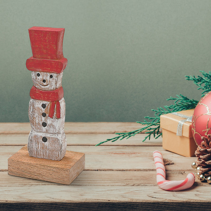 Christmas Mango Wood Snowman With Top Hat On Base