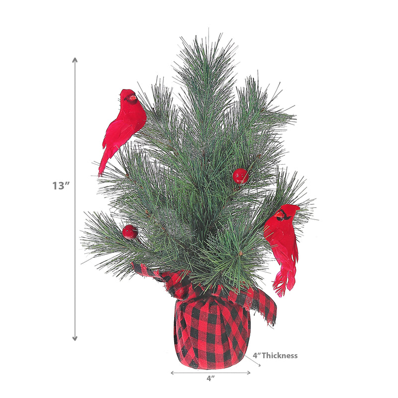 Christmas Pine Tree In Plaid Pot With Cardinals