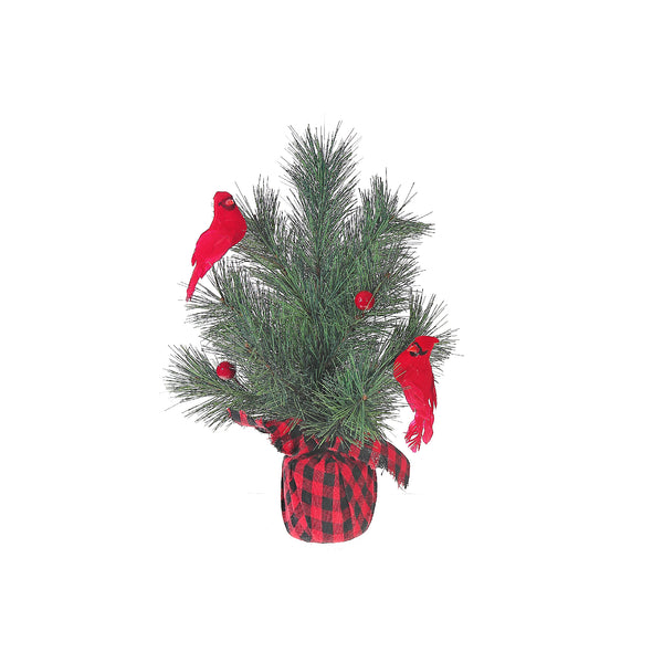 Christmas Pine Tree In Plaid Pot With Cardinals