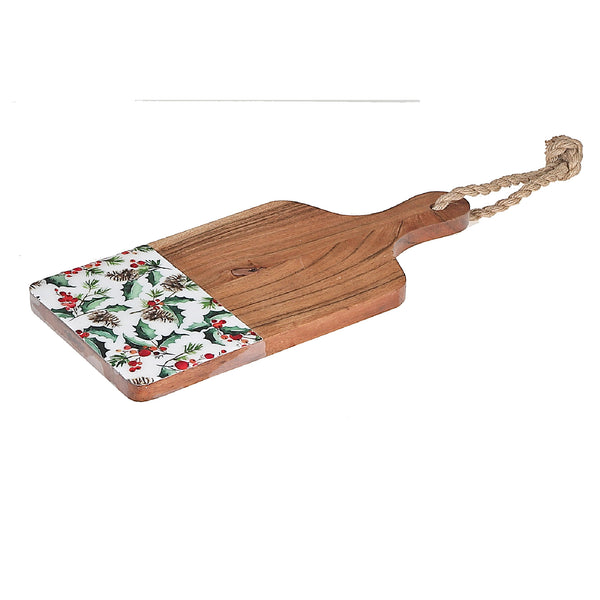 Christmas Enameled Acacia Wood Paddle Board 13" Holly Berries