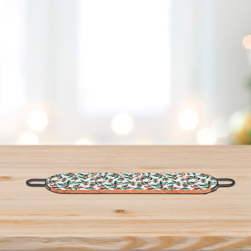 Christmas Enameled Acacia Wood Oval Board With Handle Holly Berries