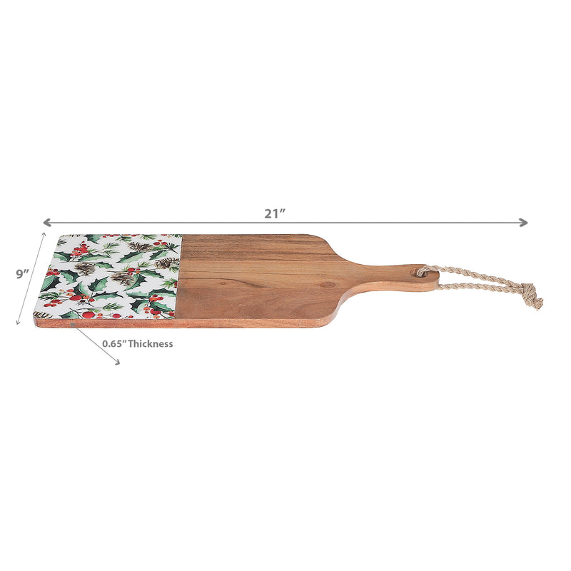Christmas Enameled Acacia Wood Paddle Board 21" Holly Berries
