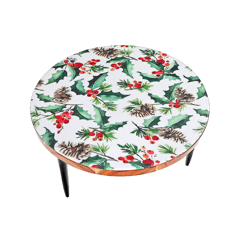 Christmas Enameled Acacia Wood Cake Stand Holly Berries