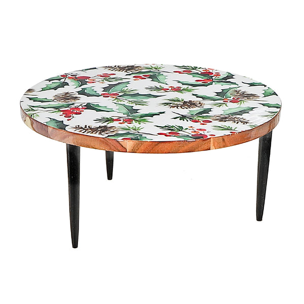 Christmas Enameled Acacia Wood Cake Stand Holly Berries
