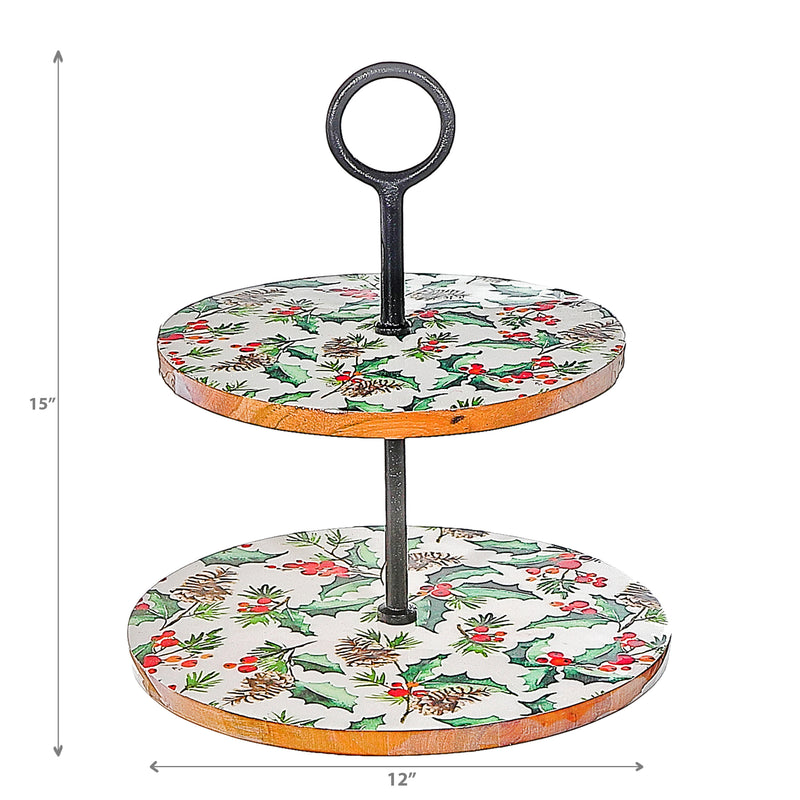 Christmas Enameled Acacia Wood 2 Tier Cake Stand Holly Berries