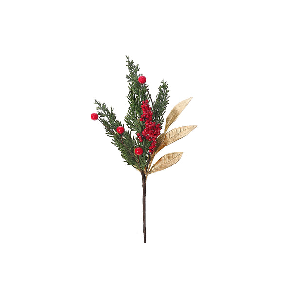 Christmas Golden Leaves With Berries & Pine Pick - Set of 6