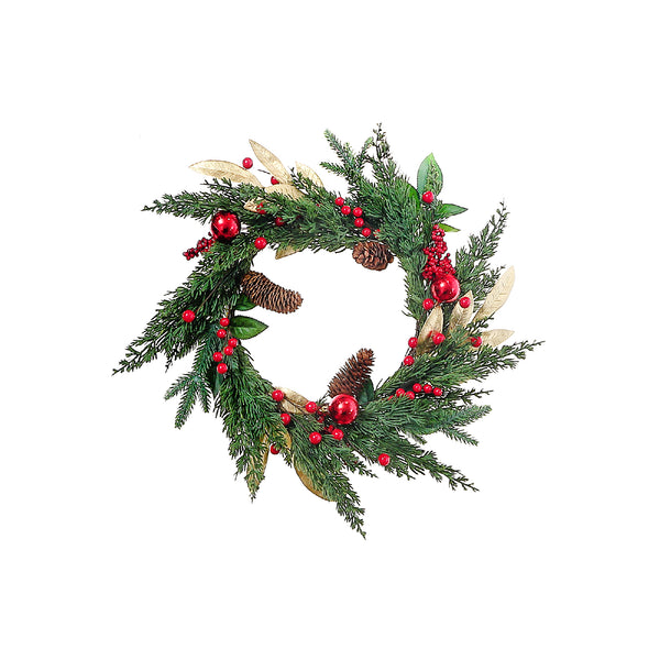 Christmas Golden Leaves With Berries & Pine Wreath