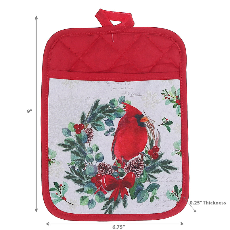 Christmas Pot Holder With Pocket Cardinal Wreath - Set of 4