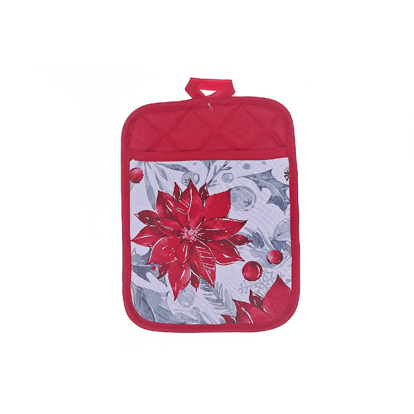 Christmas Pot Holder With Pocket Red Poinsettia - Set of 4