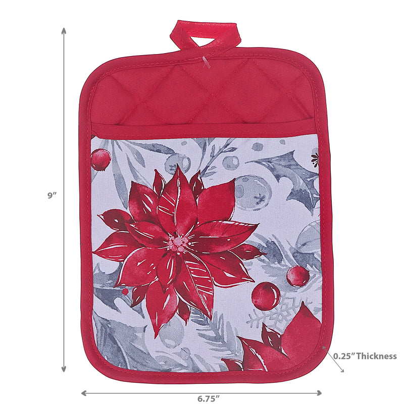 Christmas Pot Holder With Pocket Red Poinsettia - Set of 4