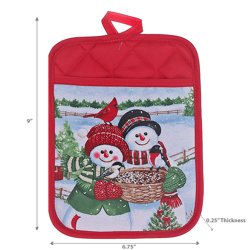 Christmas Pot Holder With Pocket Snowman Couple - Set of 4