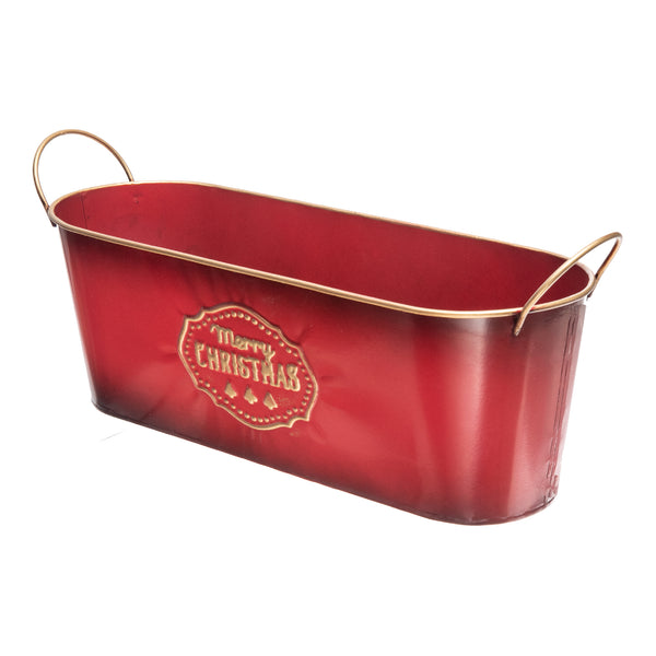 Metal Embossed Red Oval Planter With Handle (15")