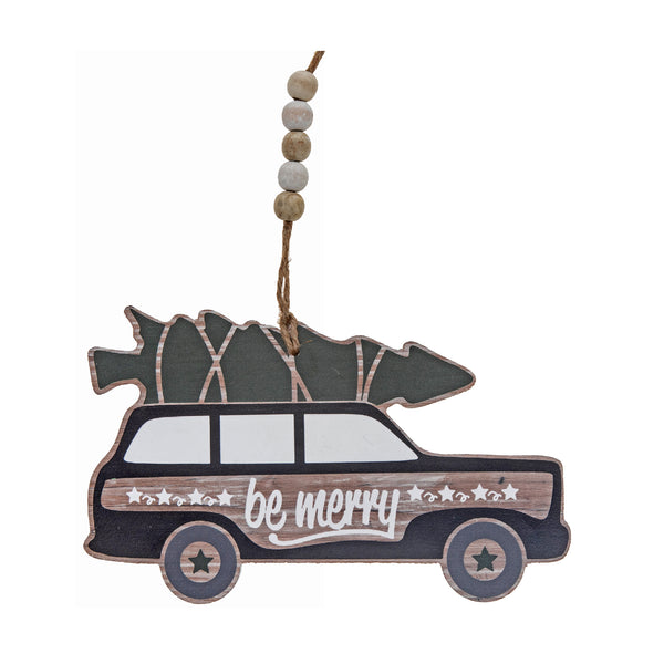 Wood Vehicle With Tree Ornament (Asstd) - Set of 2