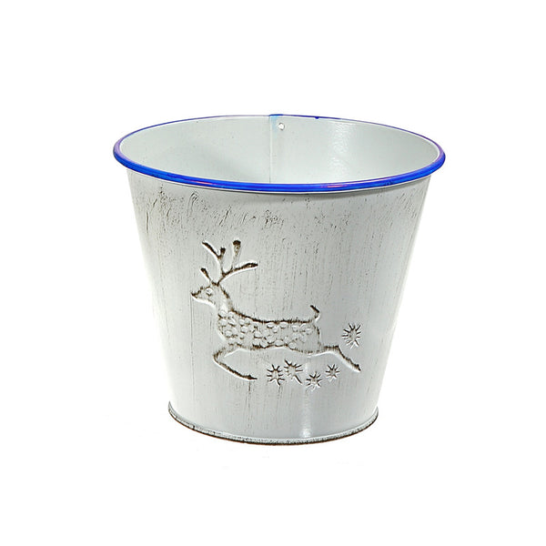 Metal White Round Planter With Embossed Reindeer - Set of 2