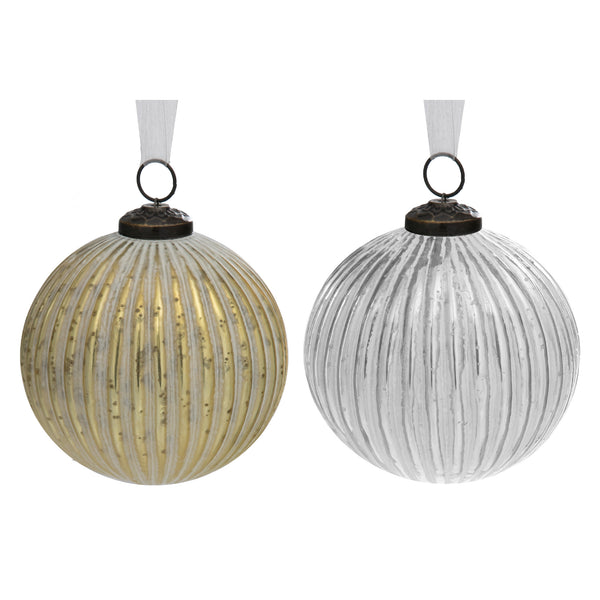4" Glass Ribbed White Painted Ornament (Gold + Silver) - Set of 4