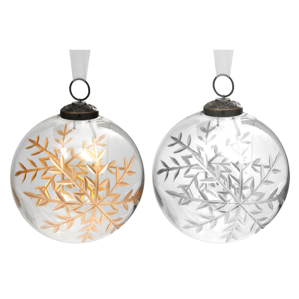 4" Clear Glass Ornament With Snowflake Etching (Gold + Silver) - Set of 4