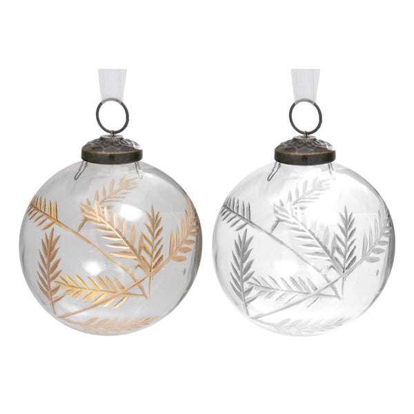 4" Clear Glass Ornament With Leaf Etching (Gold + Silver) - Set of 4