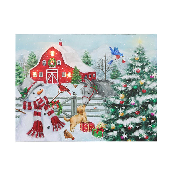 Christmas Led Canvas Wall Art Snowman With Barn 12X16