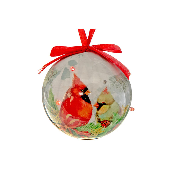 Led Ornament With Ribbon (Cardinal Couple) - Set of 12