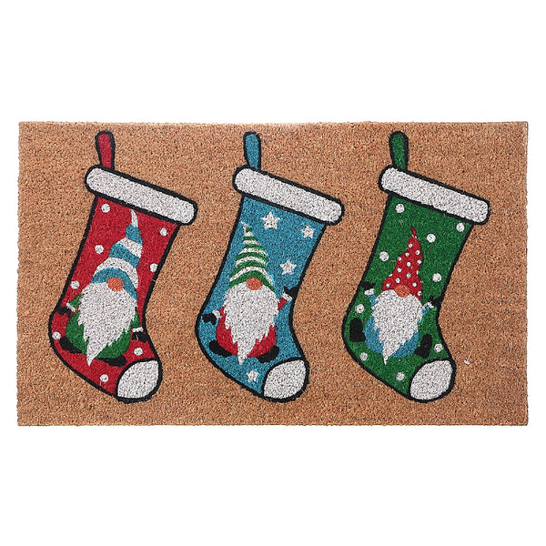 Christmas Coir Door Mat Gnome On Stockings