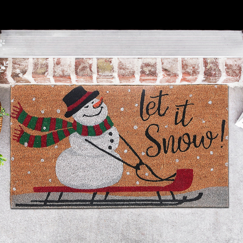Christmas Coir Door Mat Snowman On Sled